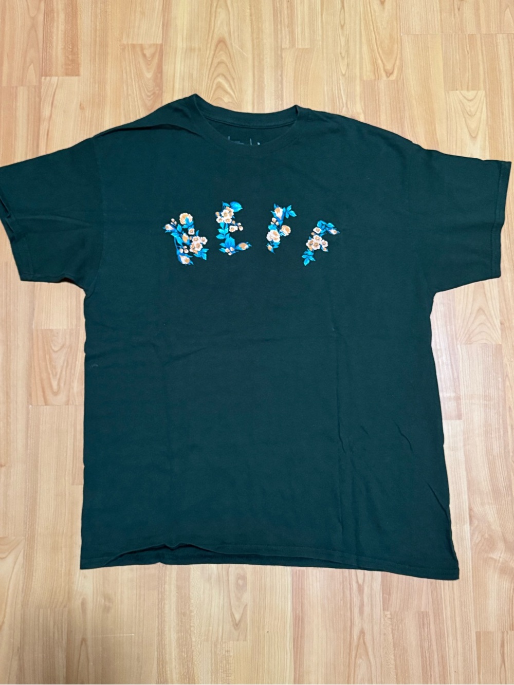 Neff Dark Green Short-Sleeve Tee with Blue & Cream Floral Script